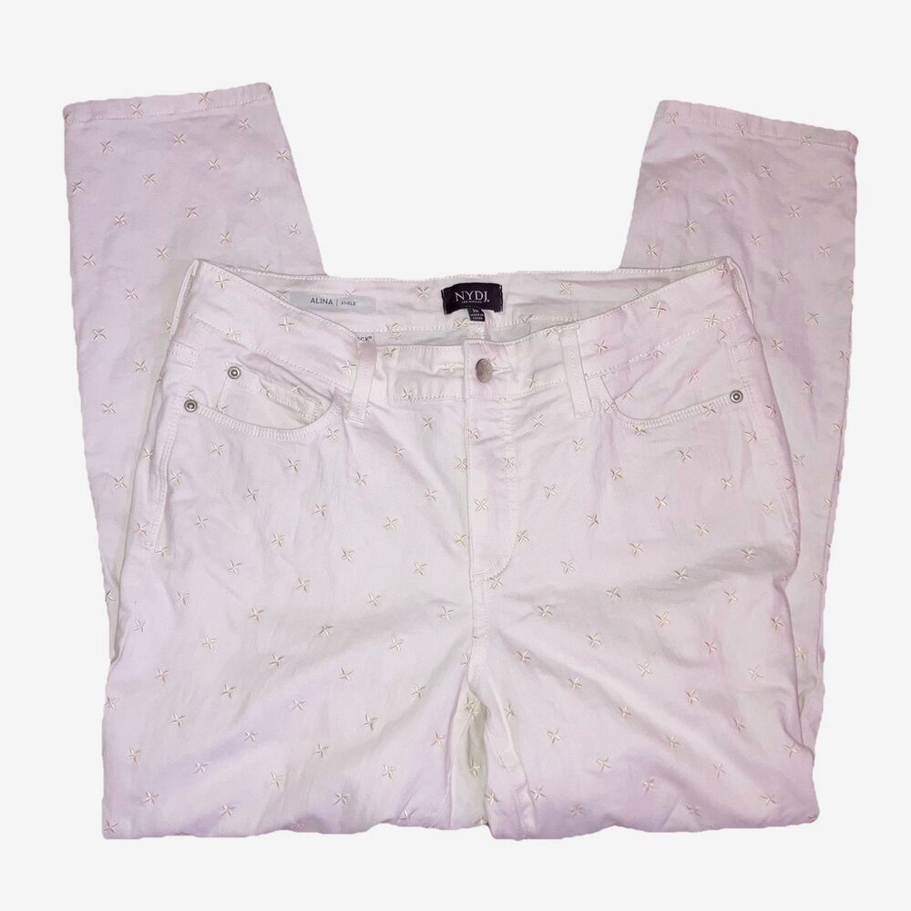 NYDJ ALINA ANKLE sz 10 White Cotton Stretch Denim Embroidered Life X Tuck Jeans